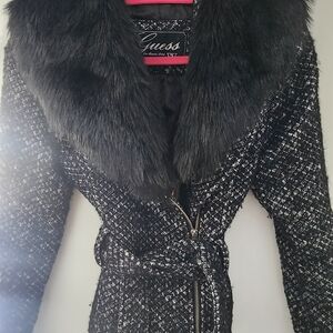 Guess Women's Black Faux Fur Collar Coat